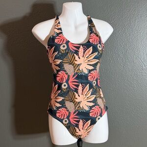 Senita Athletics One-Piece Swimsuit with Coral and Peach Tropical Print
